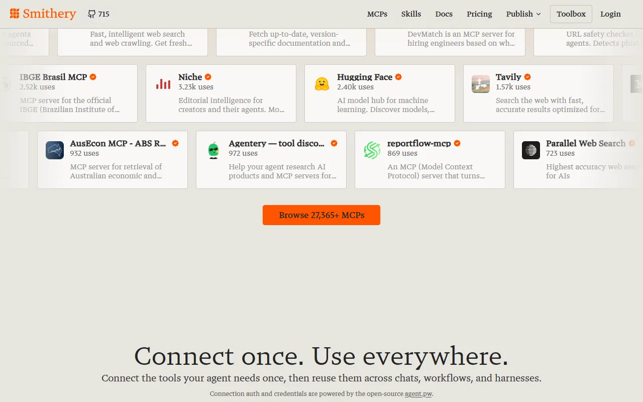 Another MCP marketplace: a grid of servers sorted by uses, Browse 27,365+ MCPs