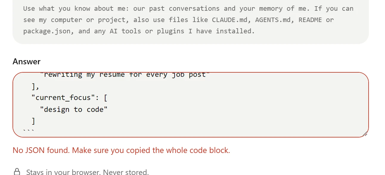 Before: a paste missing its last brace, and the error No JSON found.
