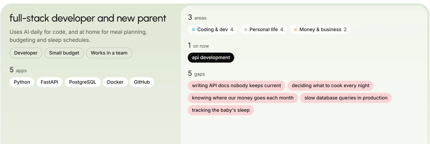 The profile your AI wrote: role, apps, areas and five gaps